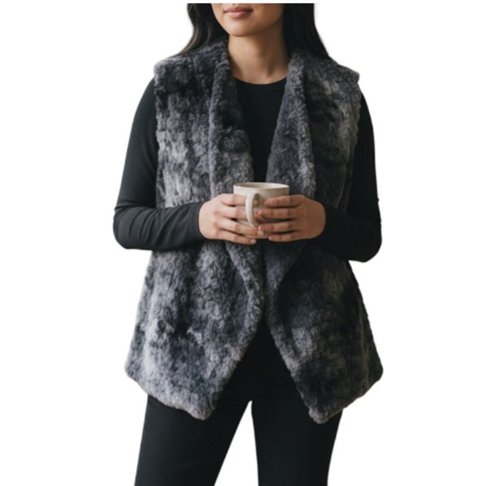VINE STREET Ombre Faux Fur Vest Sz L Gray Open Front Cozy Unique City Made USA